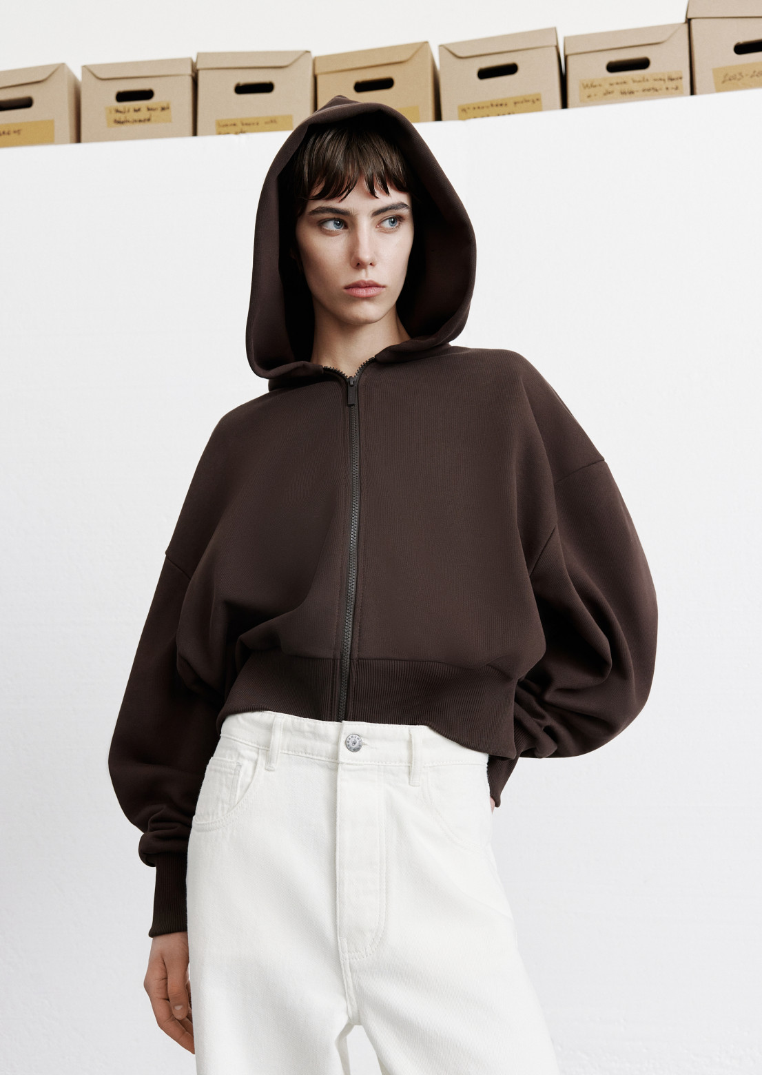 Dark brown color dense three-thread hoodie with a zipper